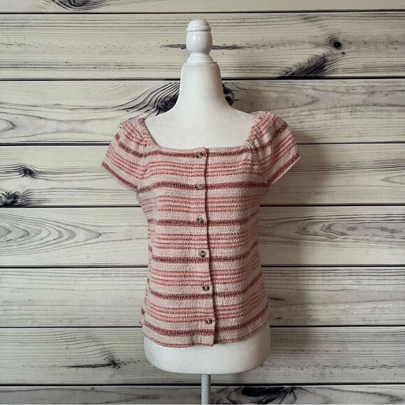 Madewell Texture & Thread Blush Striped Button Front Boxy Top - Picture 2 of 10